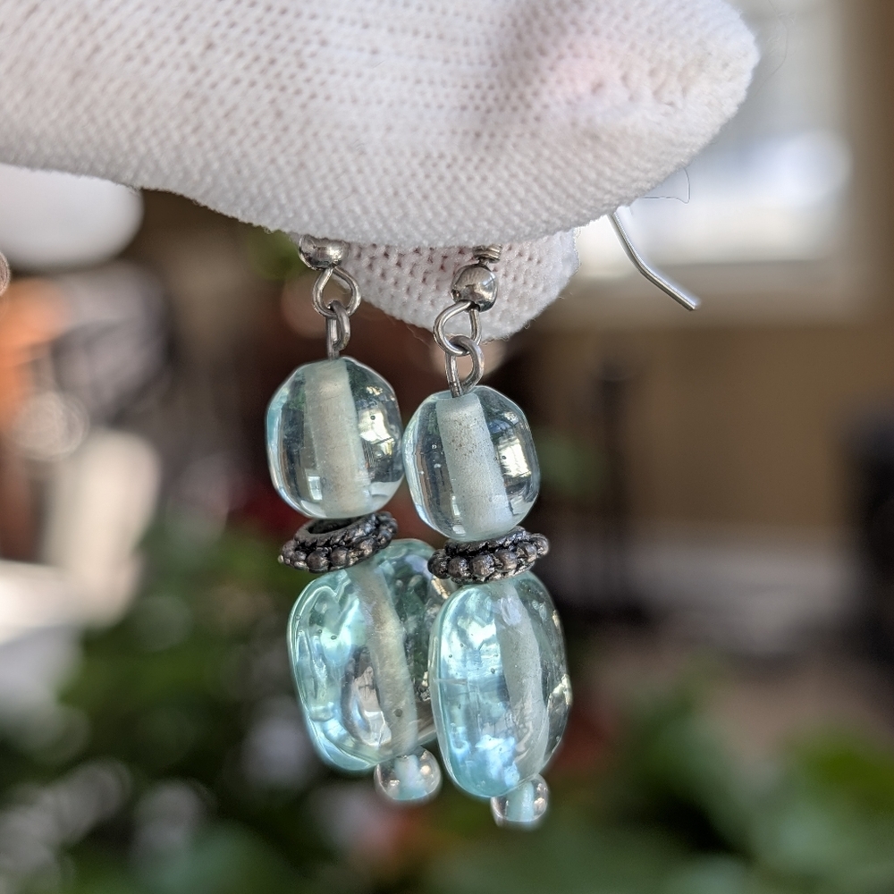 Aqua Blue Glass Dangle Earrings | Silver-Tone |